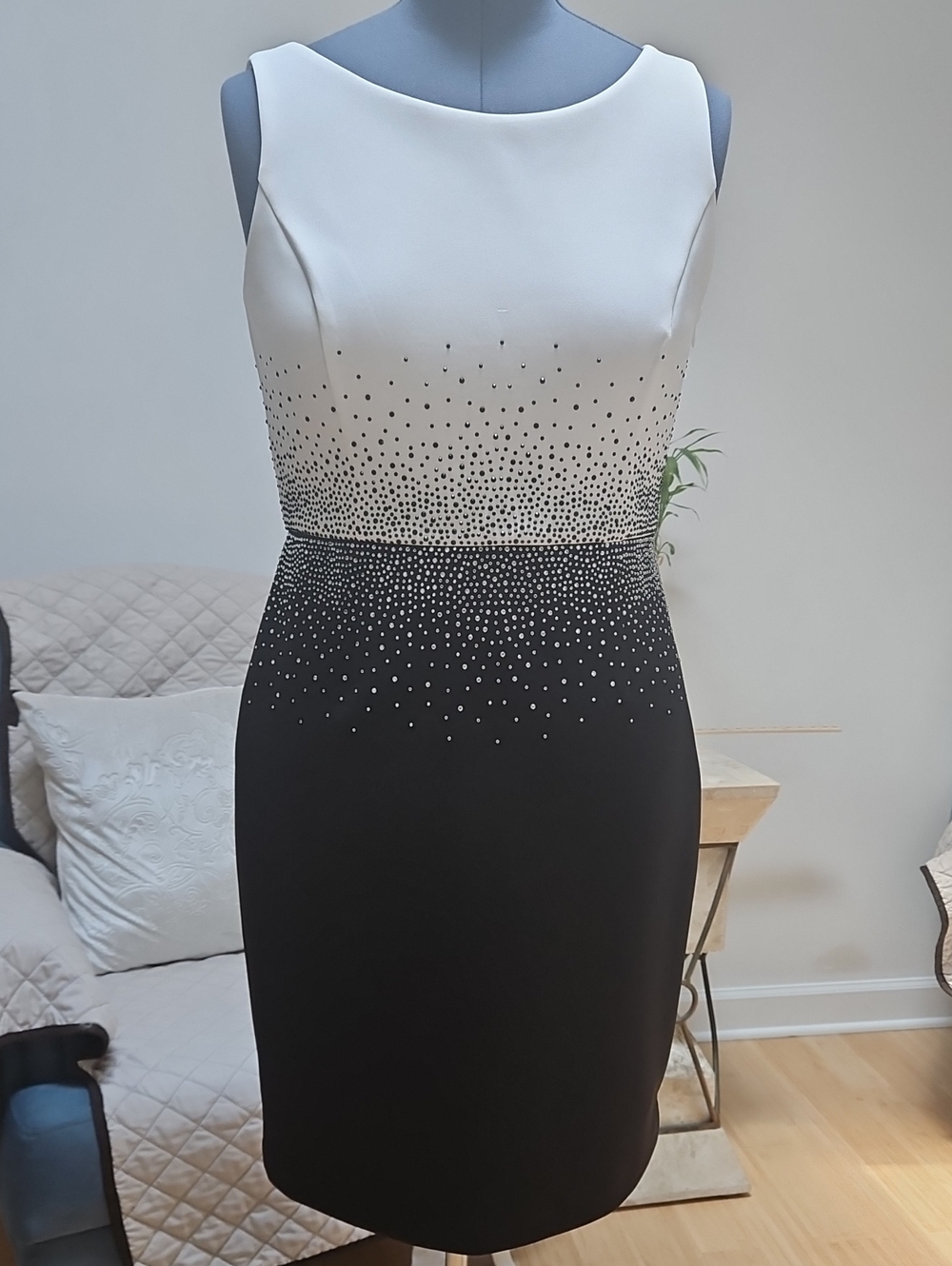 Calvin Klein Black and White Sleeveless Embellished Sheath Dress